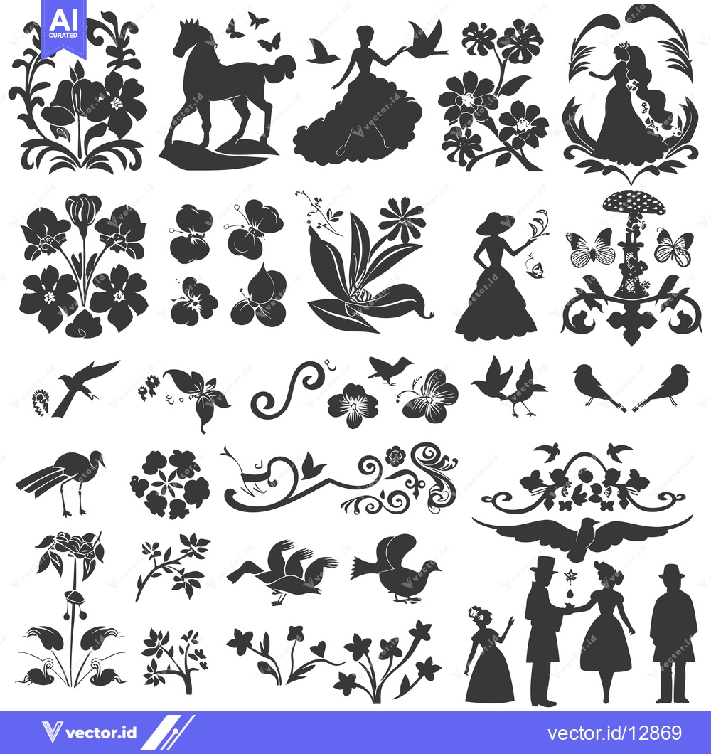 Premium Vector of A Collection of Black and White Floral and Figurine Silhouettes