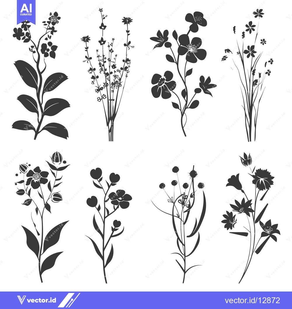 Premium Vector of A Collection of Black and White Floral Silhouettes