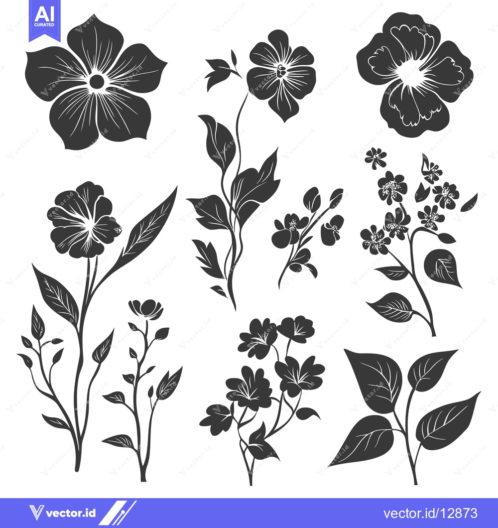 Premium Vector dari A Collection of Black and White Floral Silhouettes