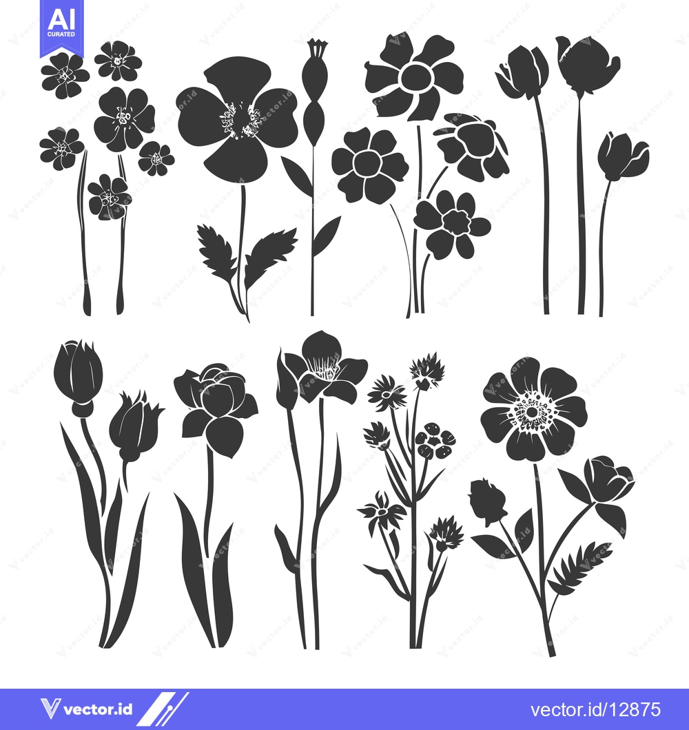 Premium Vector of A Collection of Black and White Flower Silhouettes