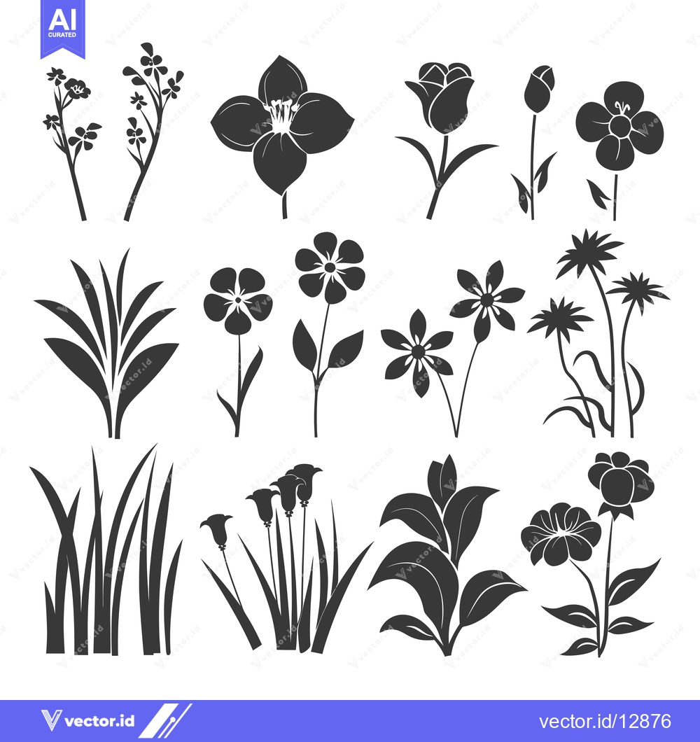 Premium Vector of A Collection of Black and White Flower Silhouettes