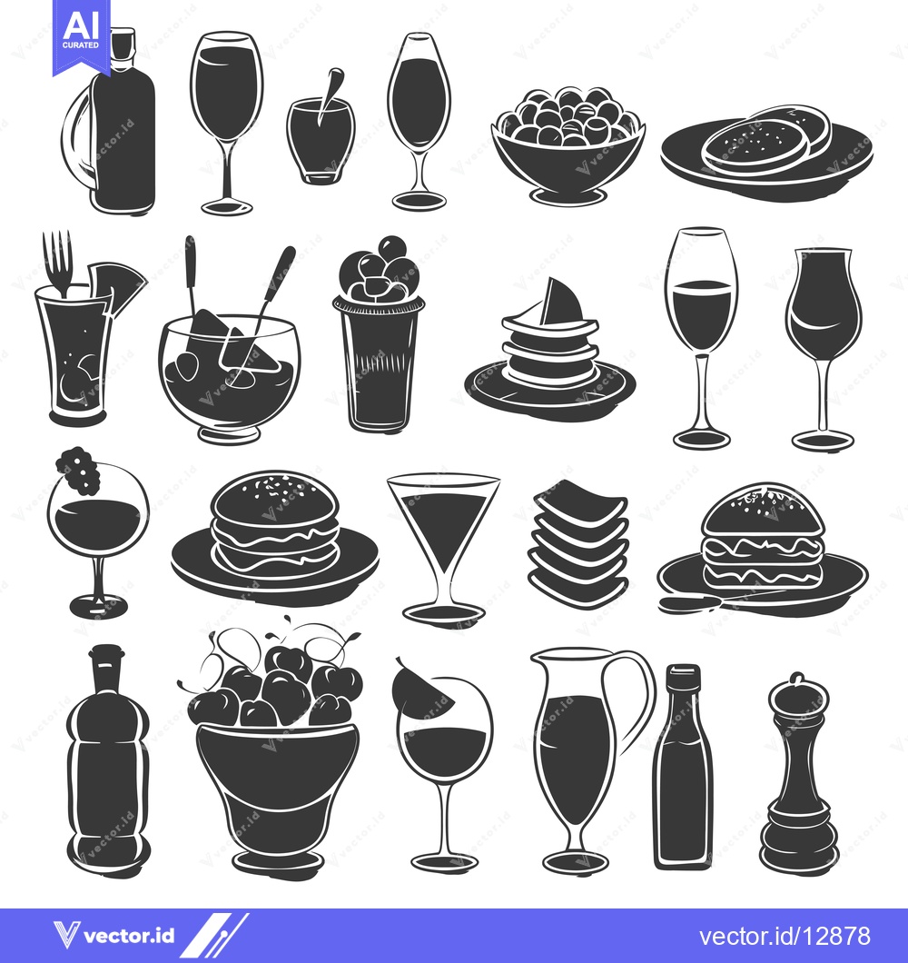 Premium Vector dari A Collection of Black and White Food and Drink Silhouettes