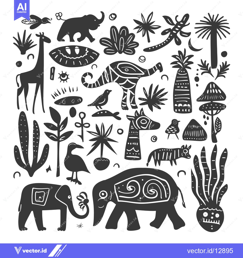 Premium Vector of A Collection of Black and White Hand-Drawn African Animals and Plants