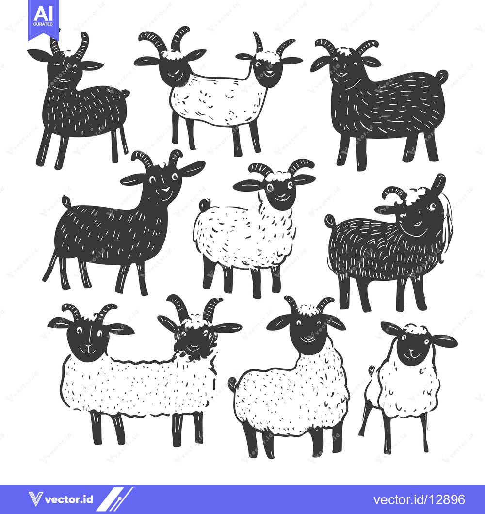 Premium Vector of A Collection of Black and White Hand-Drawn Cartoon Goats
