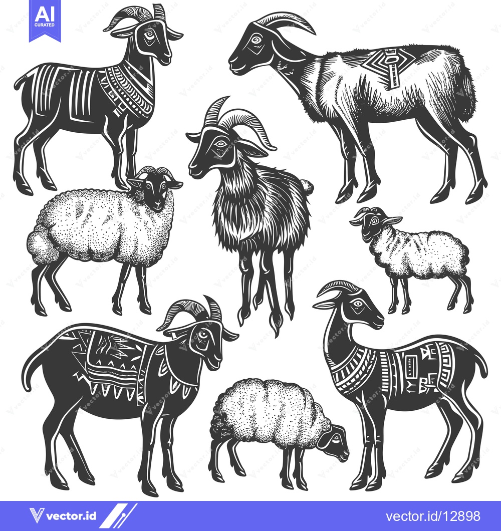 Premium Vector dari A Collection of Black and White Hand-Drawn Goats and Sheep
