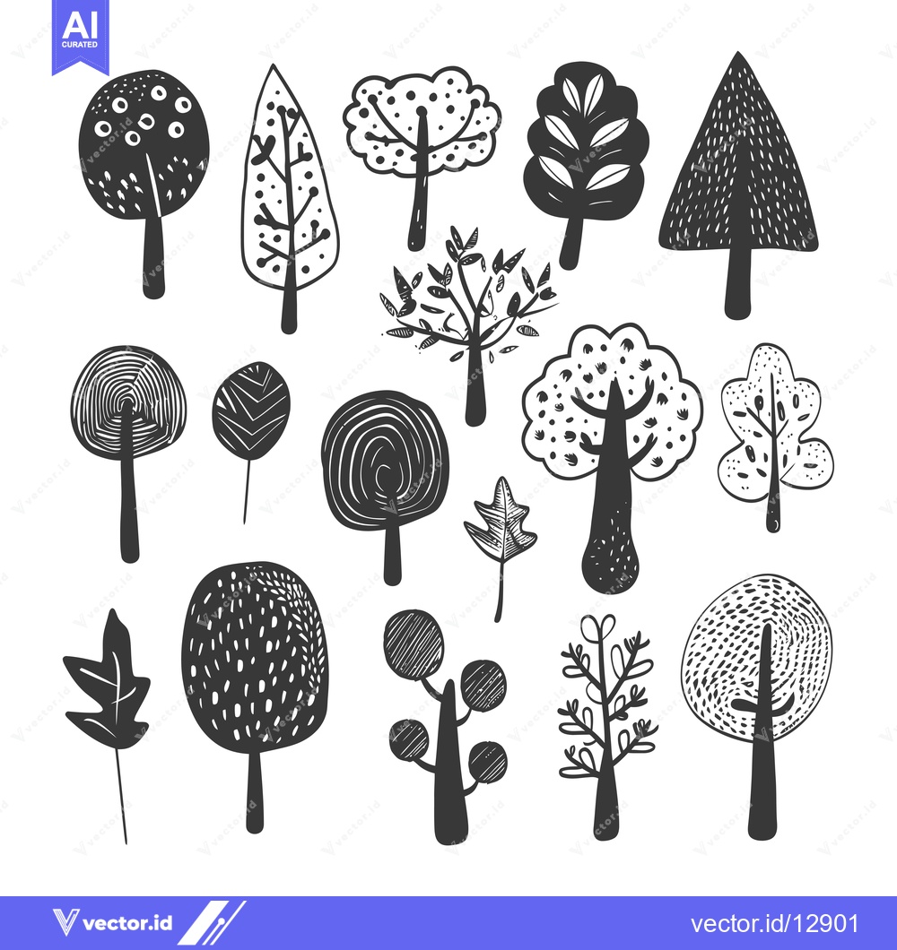 Premium Vector dari A Collection of Black and White Hand-Drawn Tree Illustrations