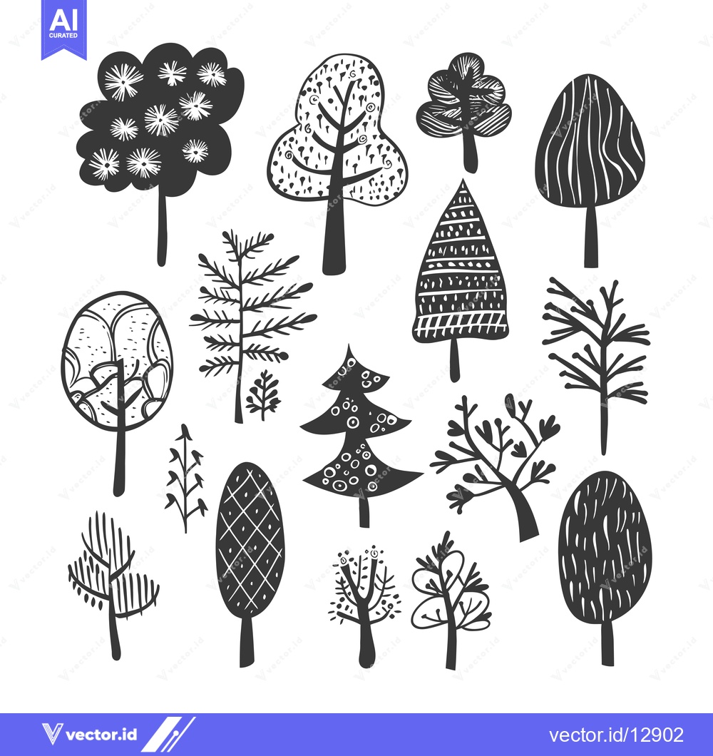 Premium Vector of A Collection of Black and White Hand-Drawn Trees with Various Styles