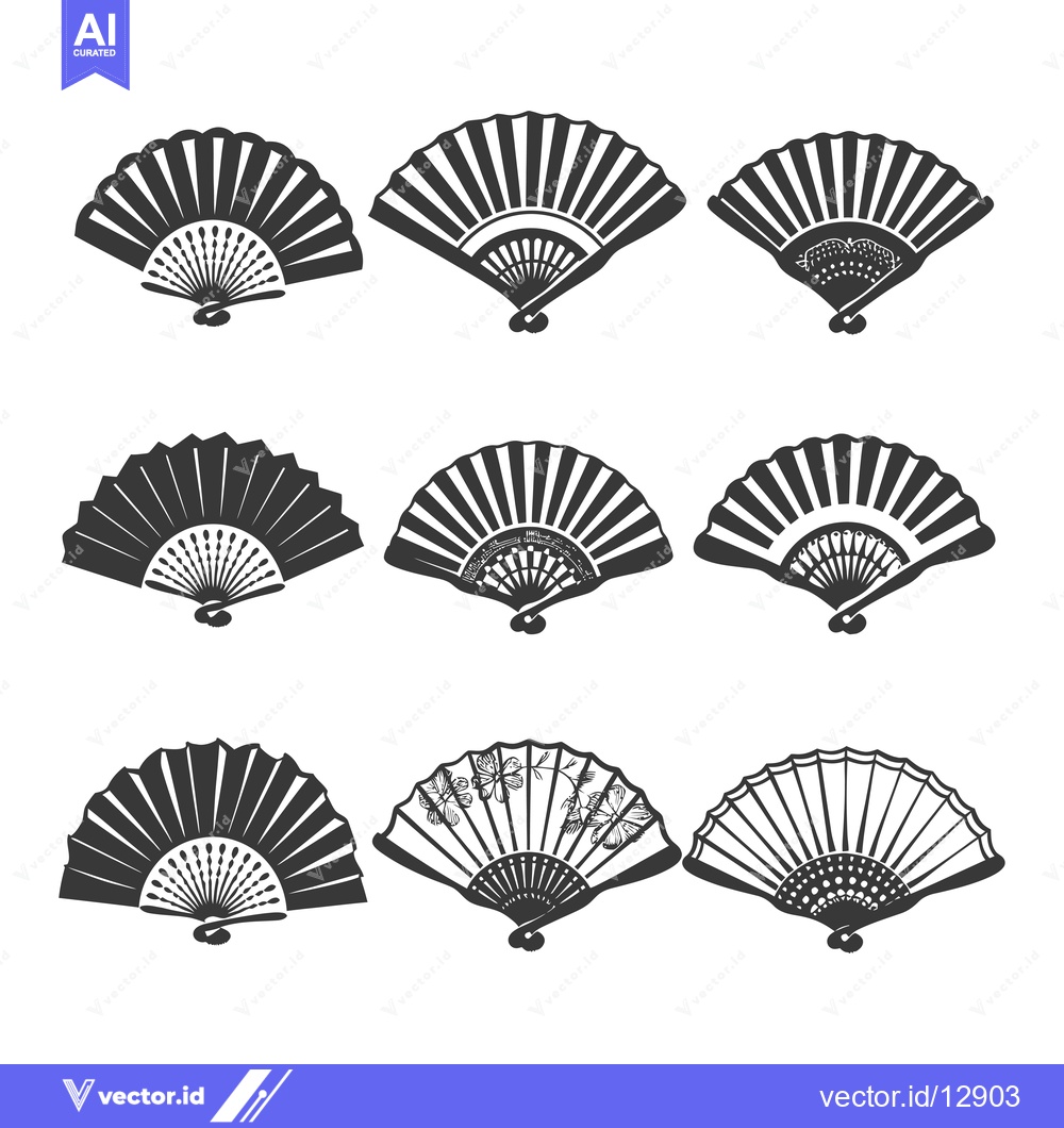 Premium Vector of A Collection of Black and White Hand Fans with Various Designs