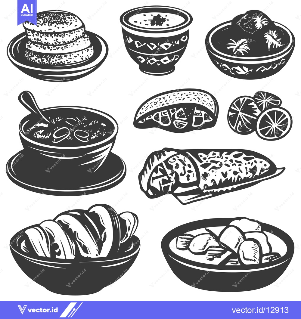 Premium Vector of A Collection of Black and White Illustrations Depicting Various Foods