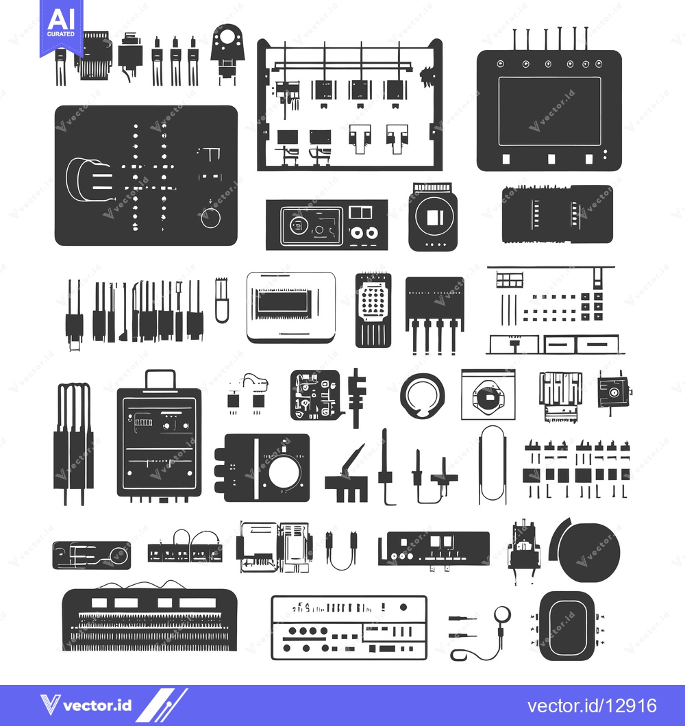 Premium Vector of A Collection of Black and White Illustrations of Electronic Components