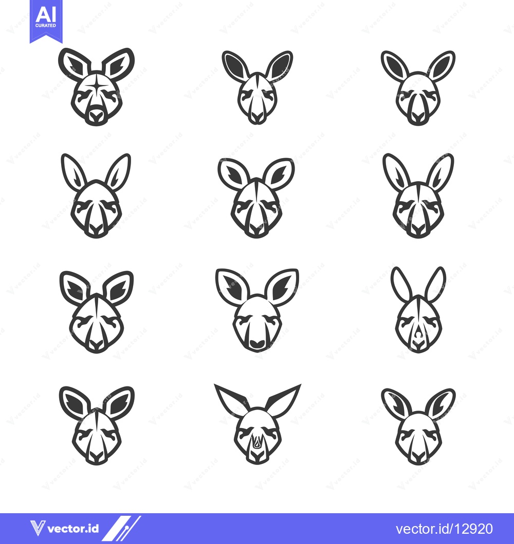 Premium Vector of A Collection of Black and White Kangaroo Head Icons in Various Styles