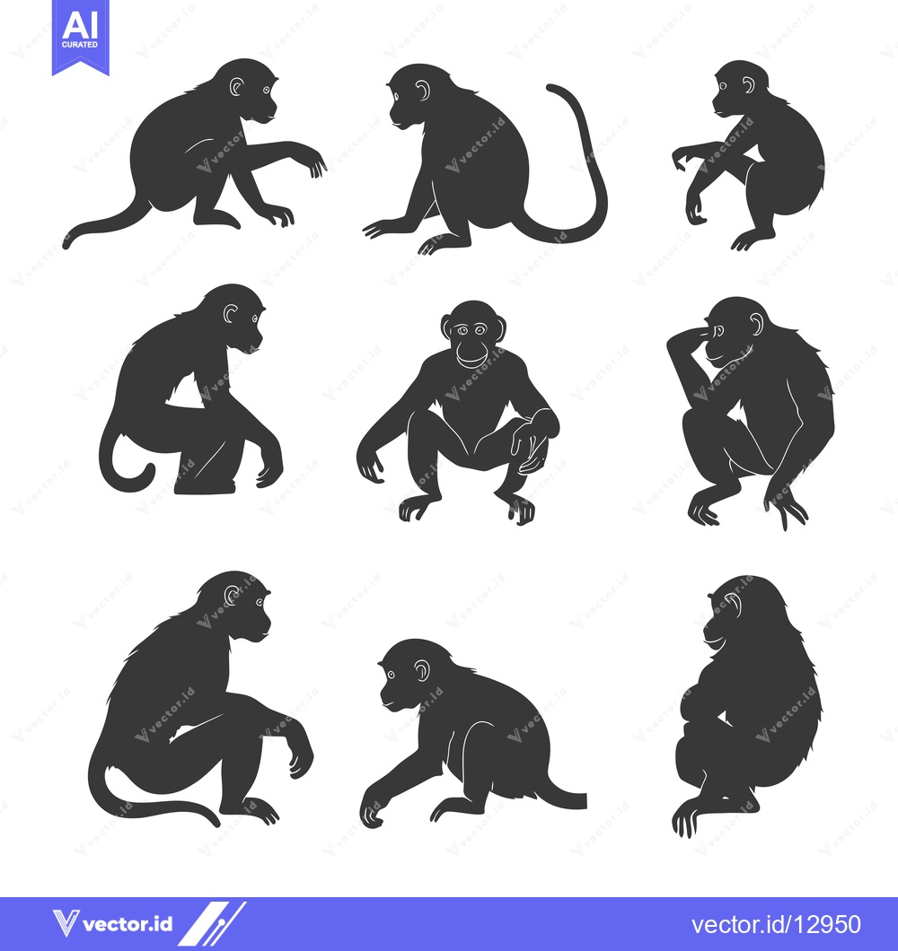 Premium Vector of A Collection of Black and White Monkey Silhouettes in Various Poses