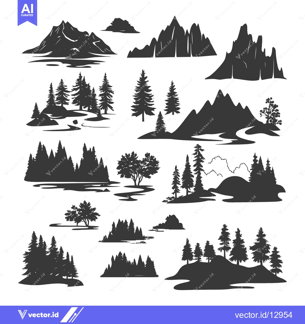 Premium Vector of A Collection of Black and White Mountain and Forest Silhouettes