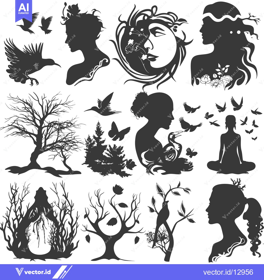 Premium Vector dari A Collection of Black and White Nature Silhouettes