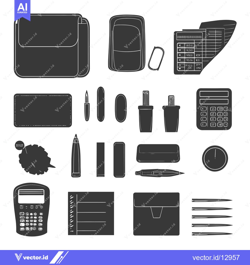 Premium Vector dari A Collection of Black and White Office Supplies Silhouettes