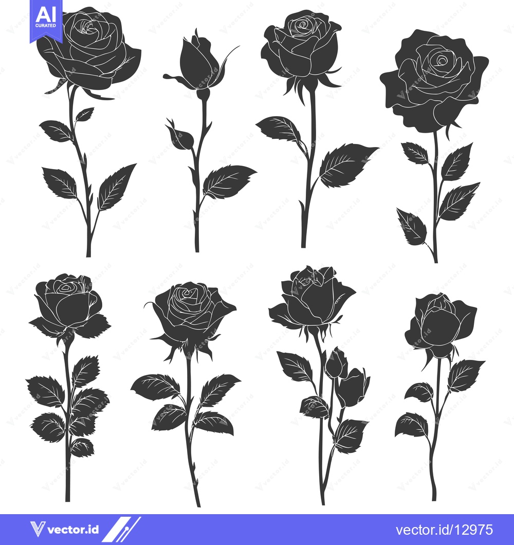 Premium Vector of A Collection of Black and White Rose Silhouettes