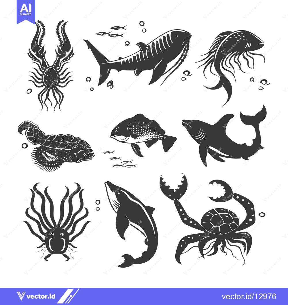 Premium Vector of A Collection of Black and White Sea Creatures Silhouettes