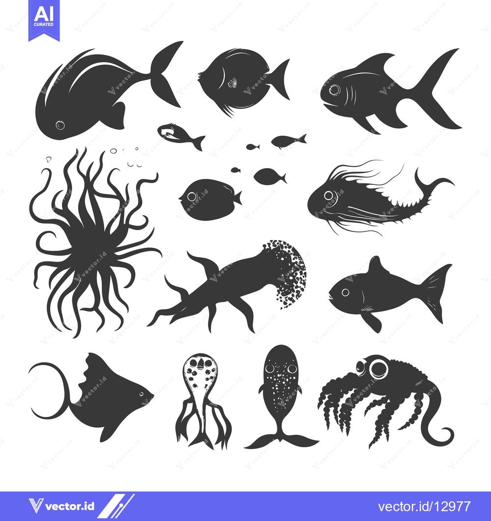 Premium Vector dari A Collection of Black and White Sea Creatures Silhouettes