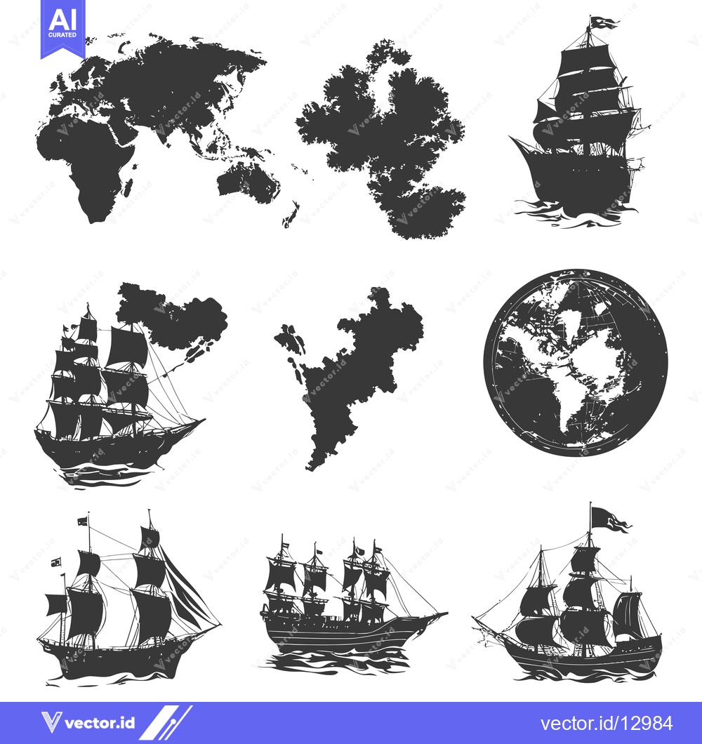 Premium Vector of A Collection of Black and White Silhouettes Depicting Ships and Maps