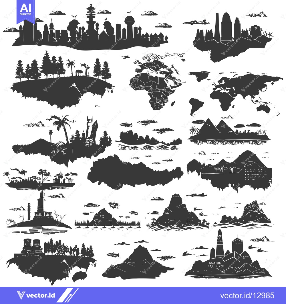 Premium Vector dari A Collection of Black and White Silhouettes Depicting Various Landscap