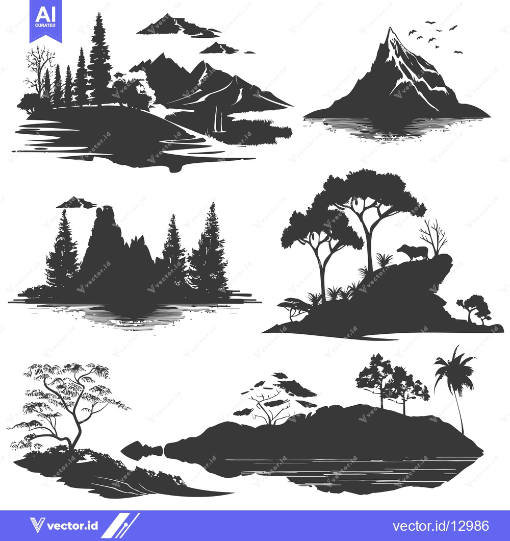Premium Vector of A Collection of Black and White Silhouettes Depicting Various Natural