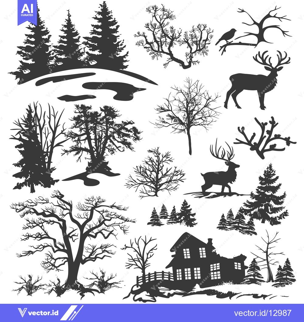 Premium Vector dari A Collection of Black and White Silhouettes Depicting Various Trees, a