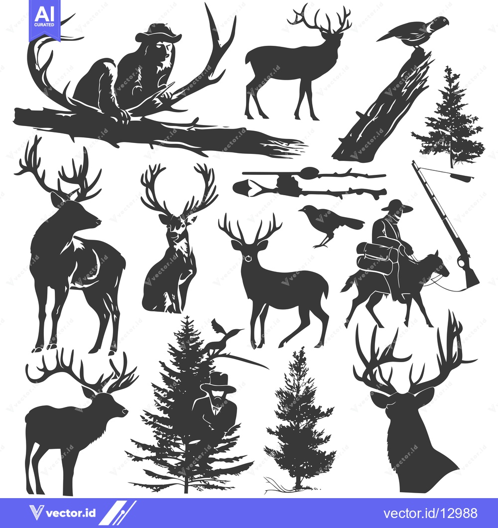 Premium Vector dari A Collection of Black and White Silhouettes Depicting Wildlife and Hun