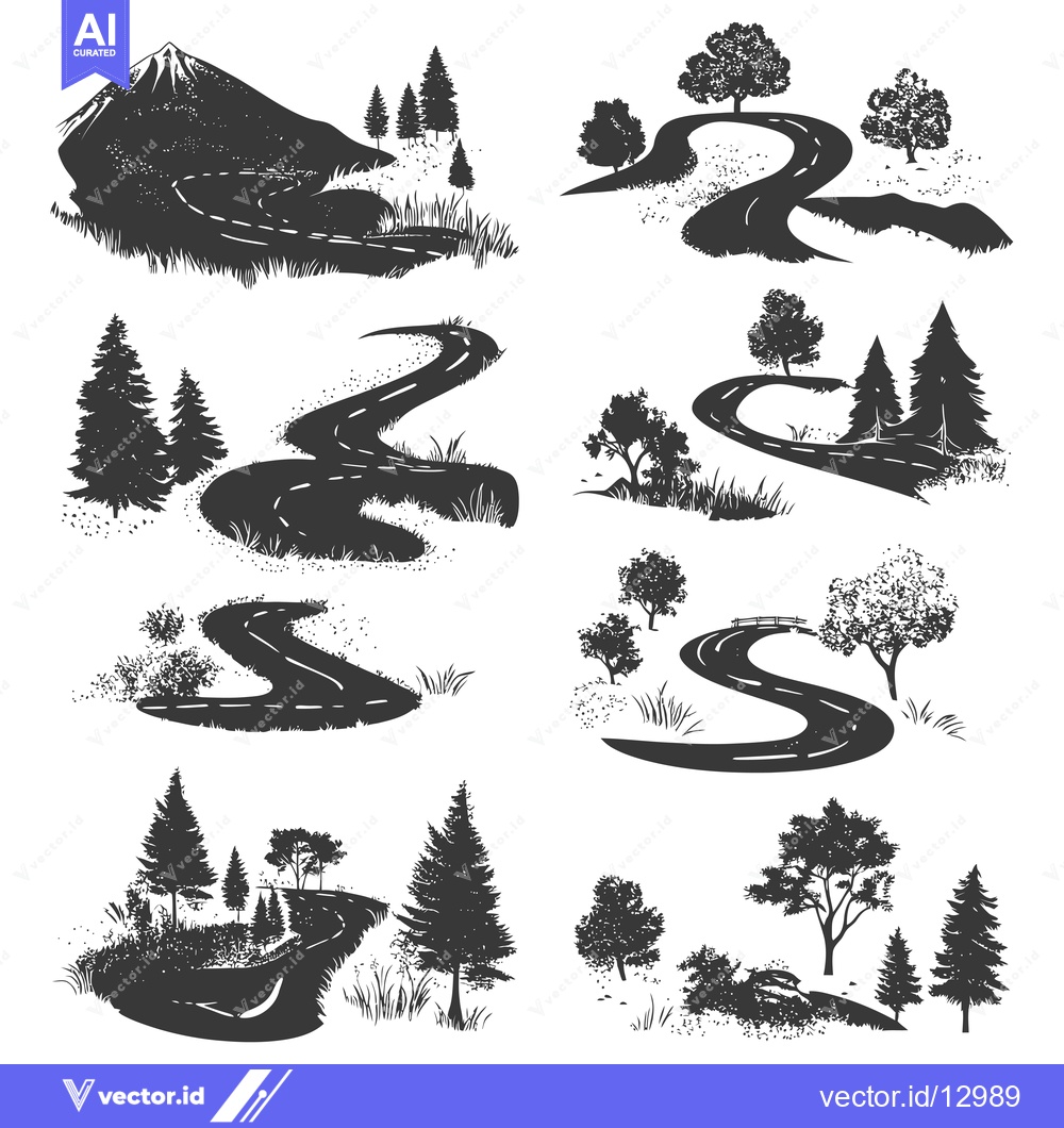 Premium Vector of A Collection of Black and White Silhouettes Featuring Winding Roads Th