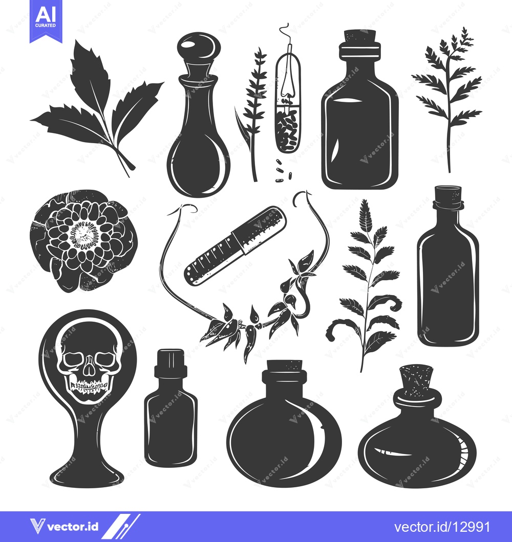 Premium Vector dari A Collection of Black and White Silhouettes of Bottles, Herbs, and Flo
