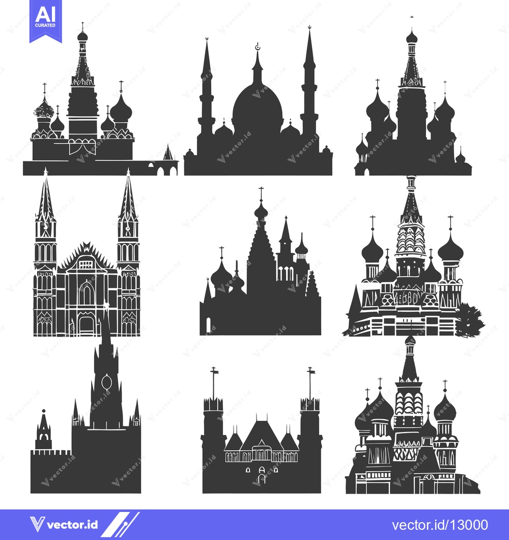 Premium Vector dari A Collection of Black and White Silhouettes of Famous Churches and Mos