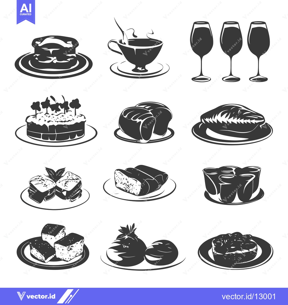 Premium Vector of A Collection of Black and White Silhouettes of Food and Drinks on Plat
