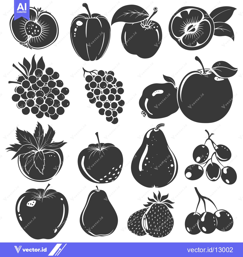 Premium Vector dari A Collection of Black and White Silhouettes of Fruits and Berries