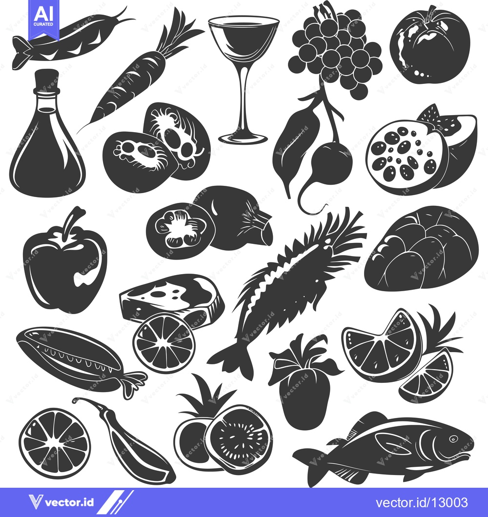Premium Vector of A Collection of Black and White Silhouettes of Fruits, Vegetables, Sea
