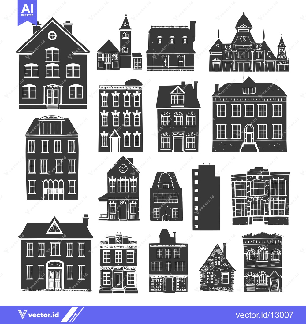 Premium Vector dari A Collection of Black and White Silhouettes of Houses