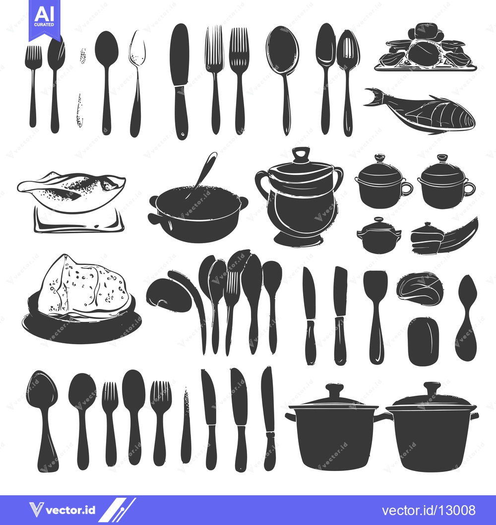 Premium Vector dari A Collection of Black and White Silhouettes of Kitchen Utensils and Fo