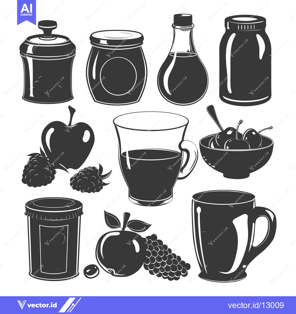 Premium Vector of A Collection of Black and White Silhouettes of Kitchenware, Fruits, an