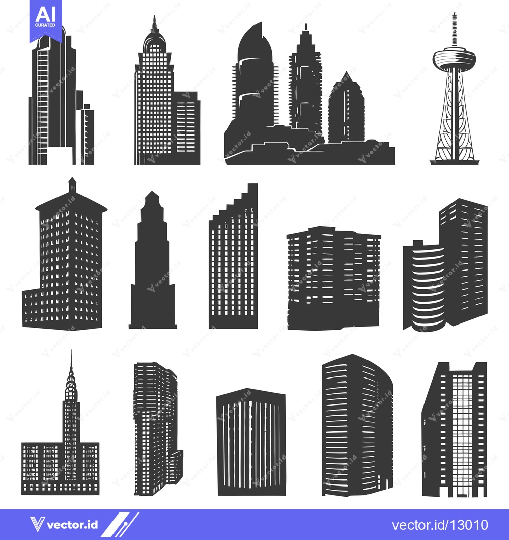 Premium Vector dari A Collection of Black and White Silhouettes of Modern Buildings