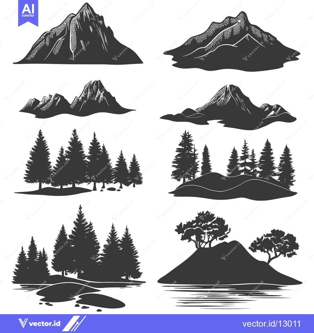 Premium Vector of A Collection of Black and White Silhouettes of Mountains, Trees, and I
