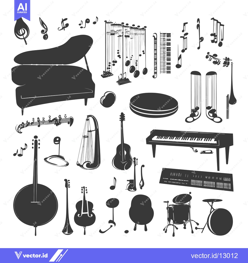 Premium Vector dari A Collection of Black and White Silhouettes of Musical Instruments
