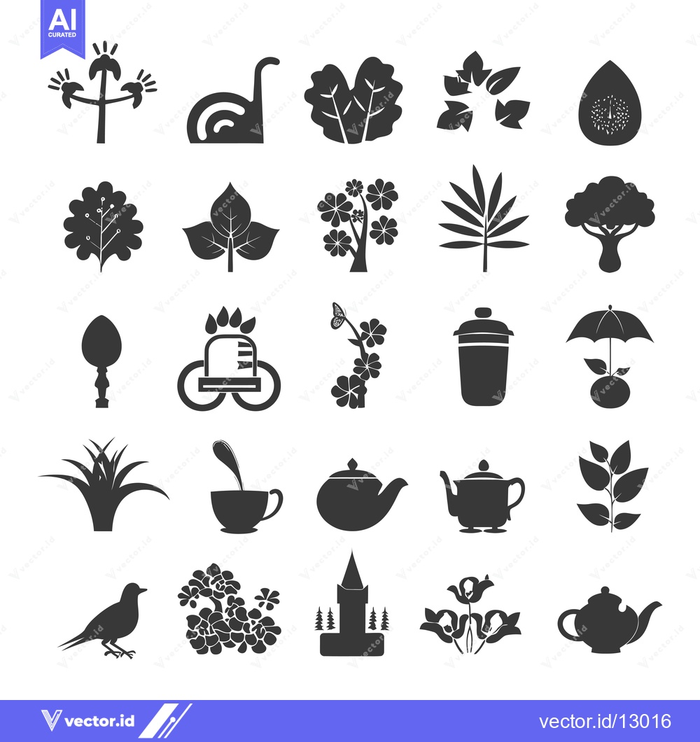 Premium Vector of A Collection of Black and White Silhouettes of Plants, Flowers, Teapot