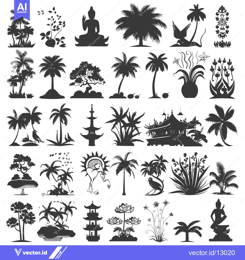 Premium Vector dari A Collection of Black and White Silhouettes of Tropical and Asian-Them