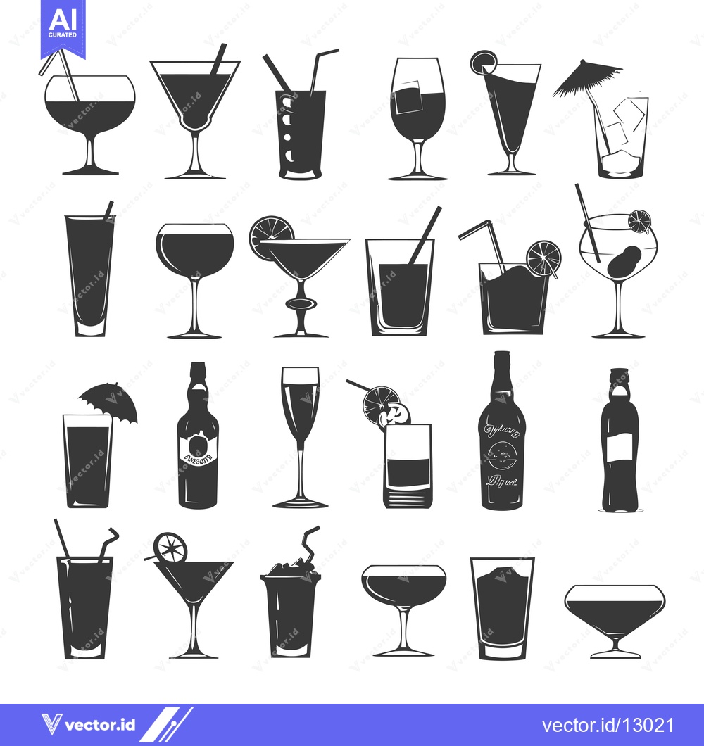 Premium Vector dari A Collection of Black and White Silhouettes of Various Cocktails and B