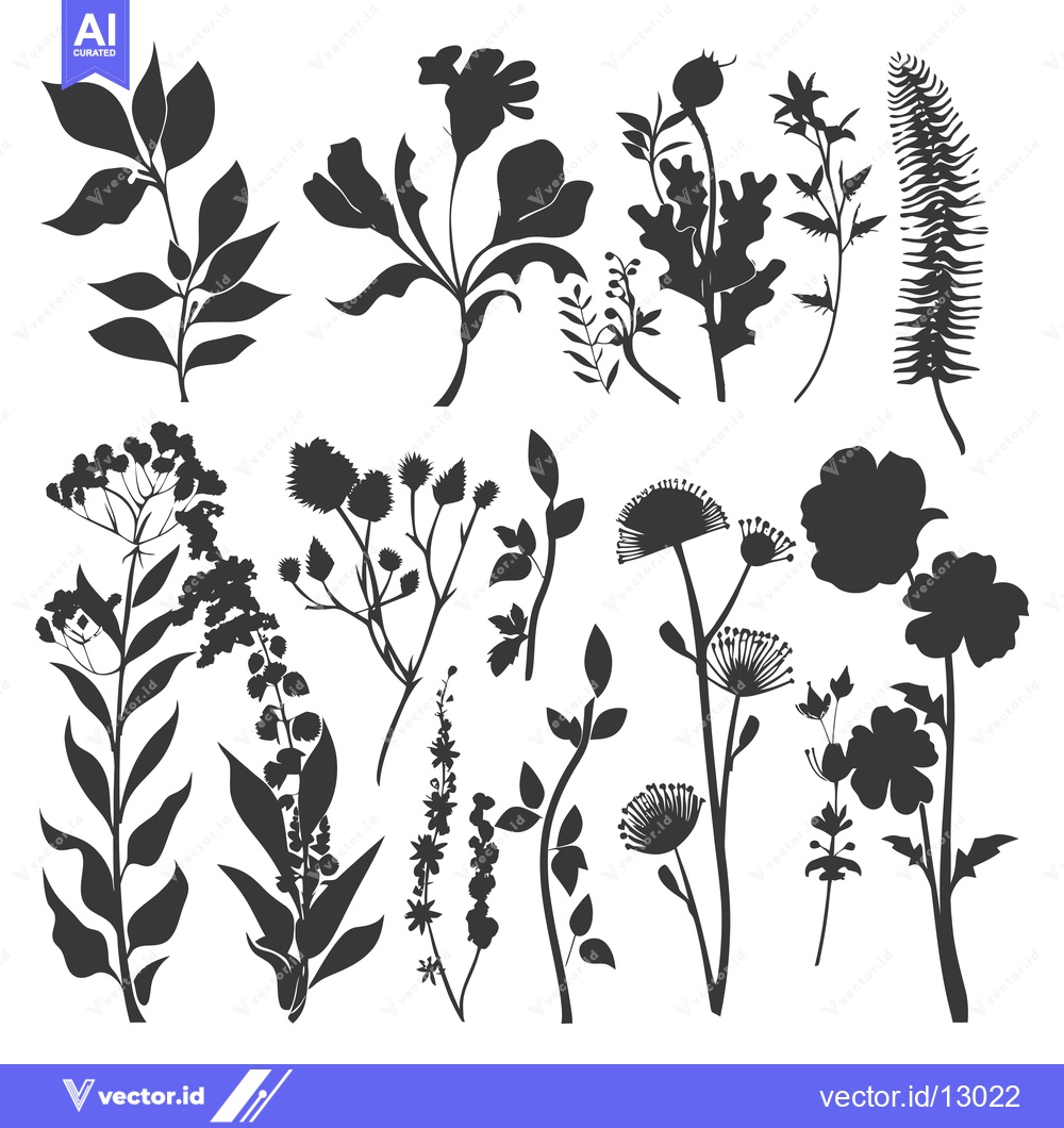 Premium Vector dari A Collection of Black and White Silhouettes of Various Flowers and Pla