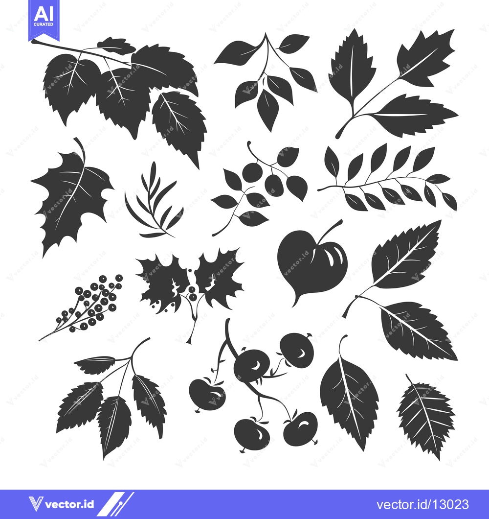 Premium Vector dari A Collection of Black and White Silhouettes of Various Leaves and Berr