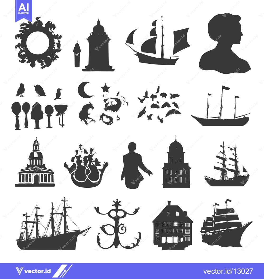 Premium Vector dari A Collection of Black and White Silhouettes of Various Objects and Cre