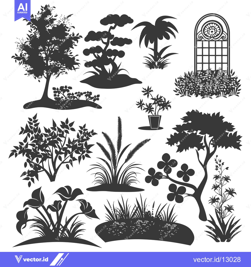 Premium Vector of A Collection of Black and White Silhouettes of Various Plants and Tree