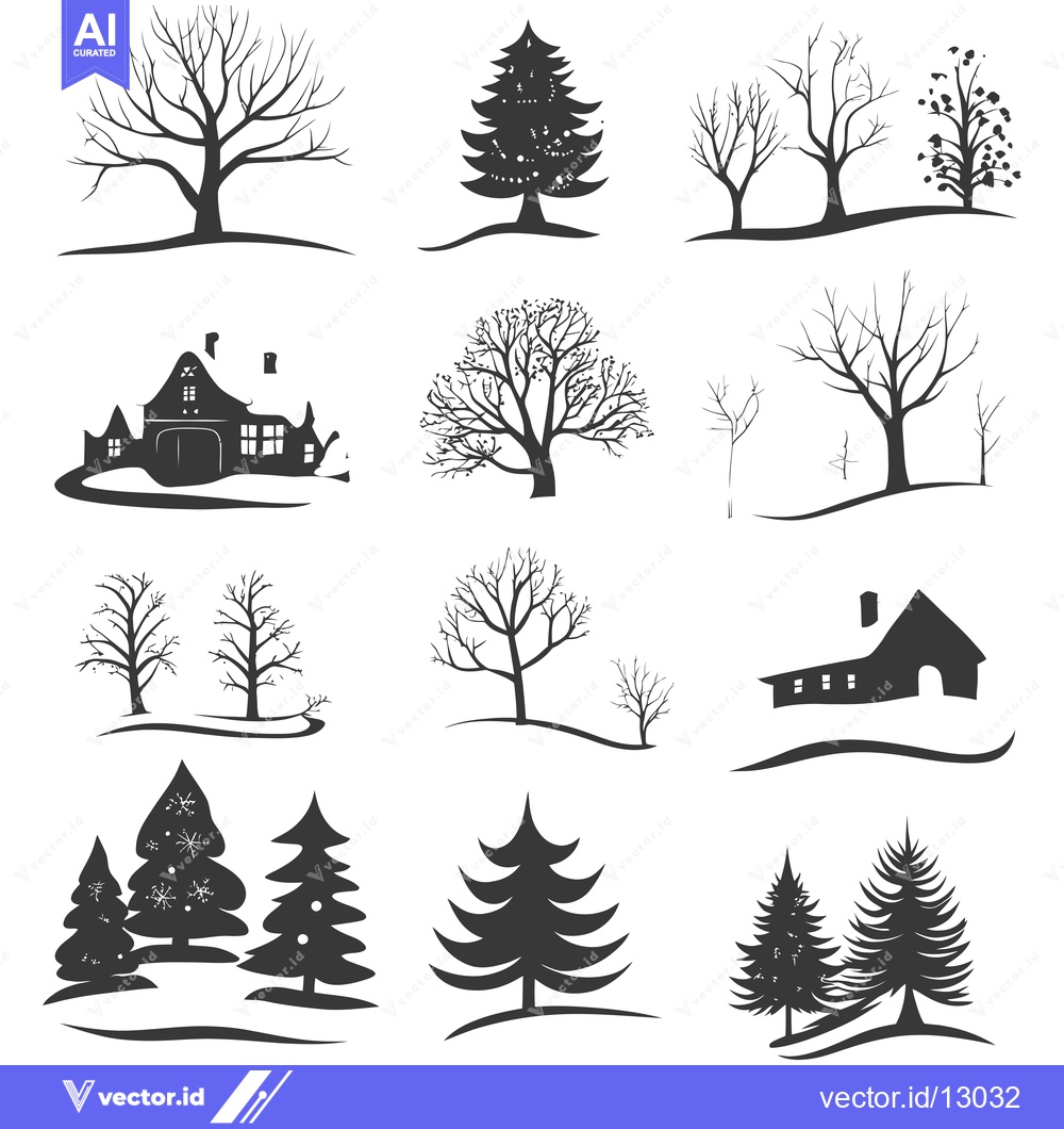 Premium Vector of A Collection of Black and White Silhouettes of Winter Landscape Elemen