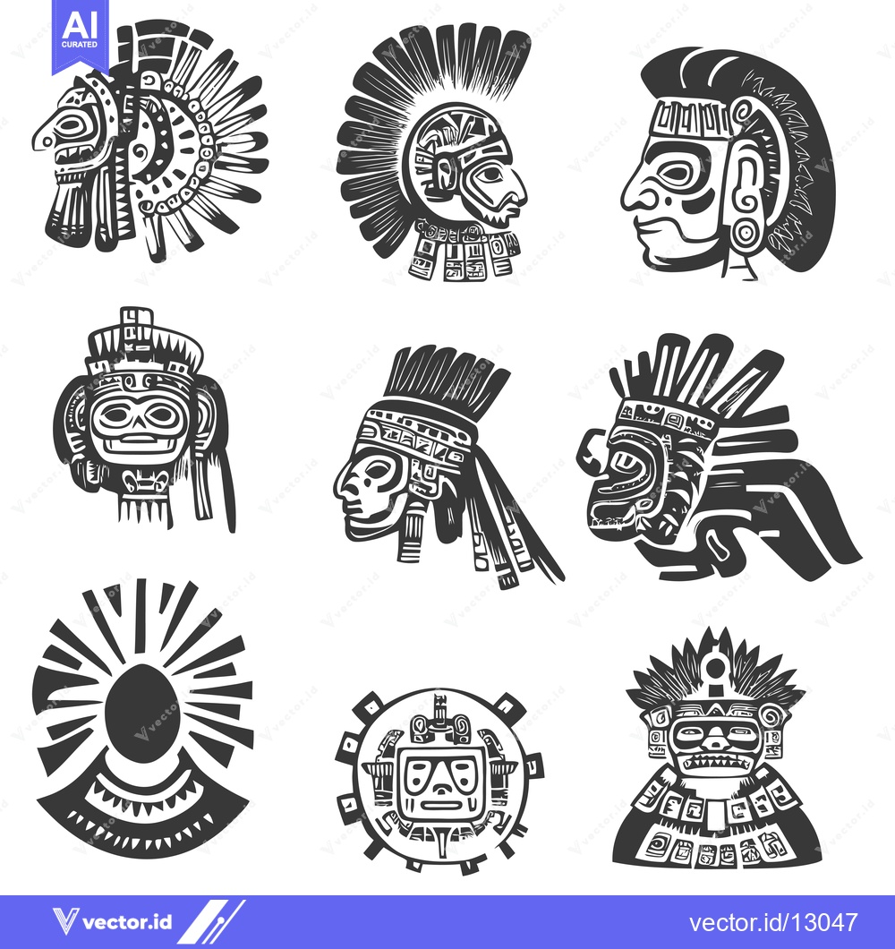 Premium Vector dari A Collection of Black and White Stylized Aztec-Inspired Illustrations