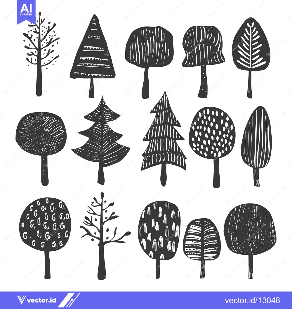 Premium Vector of A Collection of Black and White Stylized Trees