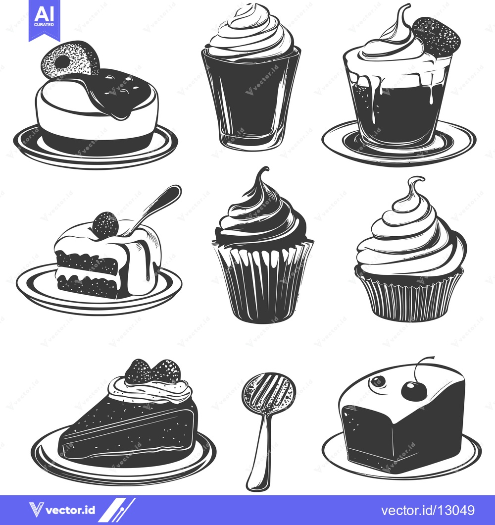Premium Vector dari A Collection of Black and White Sweet Treats, Including Cakes, Cupcake
